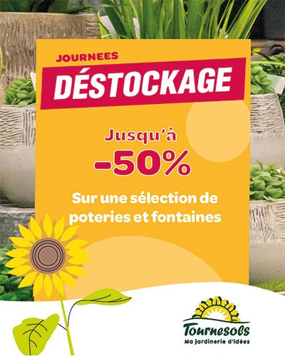 Affiche promotionnelle sur poteries et fontaines avec réduction de 50 %.